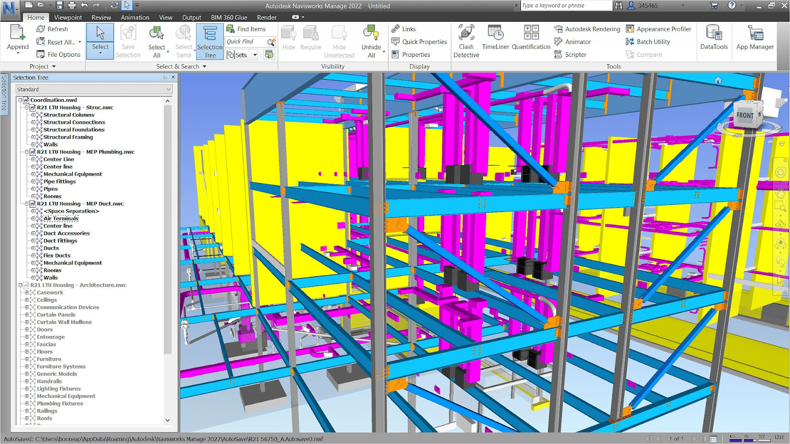 BIM coordination model in Navisworks showing structural and MEP systems integration.