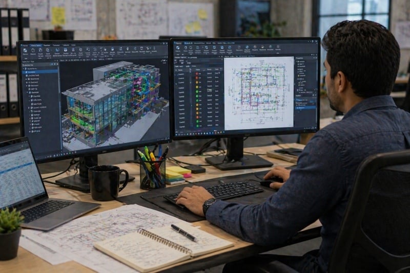 BIM coordinator reviewing 3D model on dual monitors.