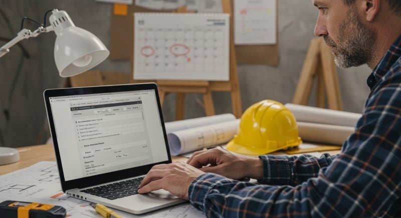 BIM manager reviewing project data on a laptop onsite.