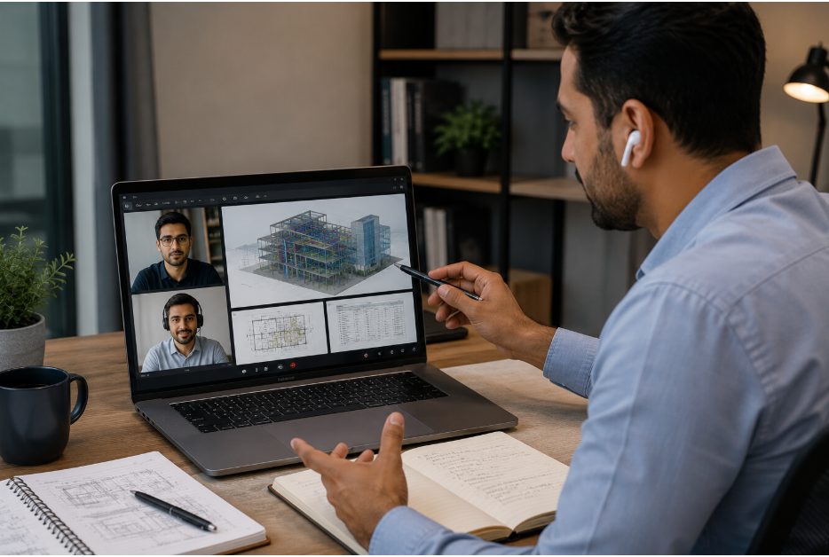 BIM mentor reviewing students project portfolio during a virtual session