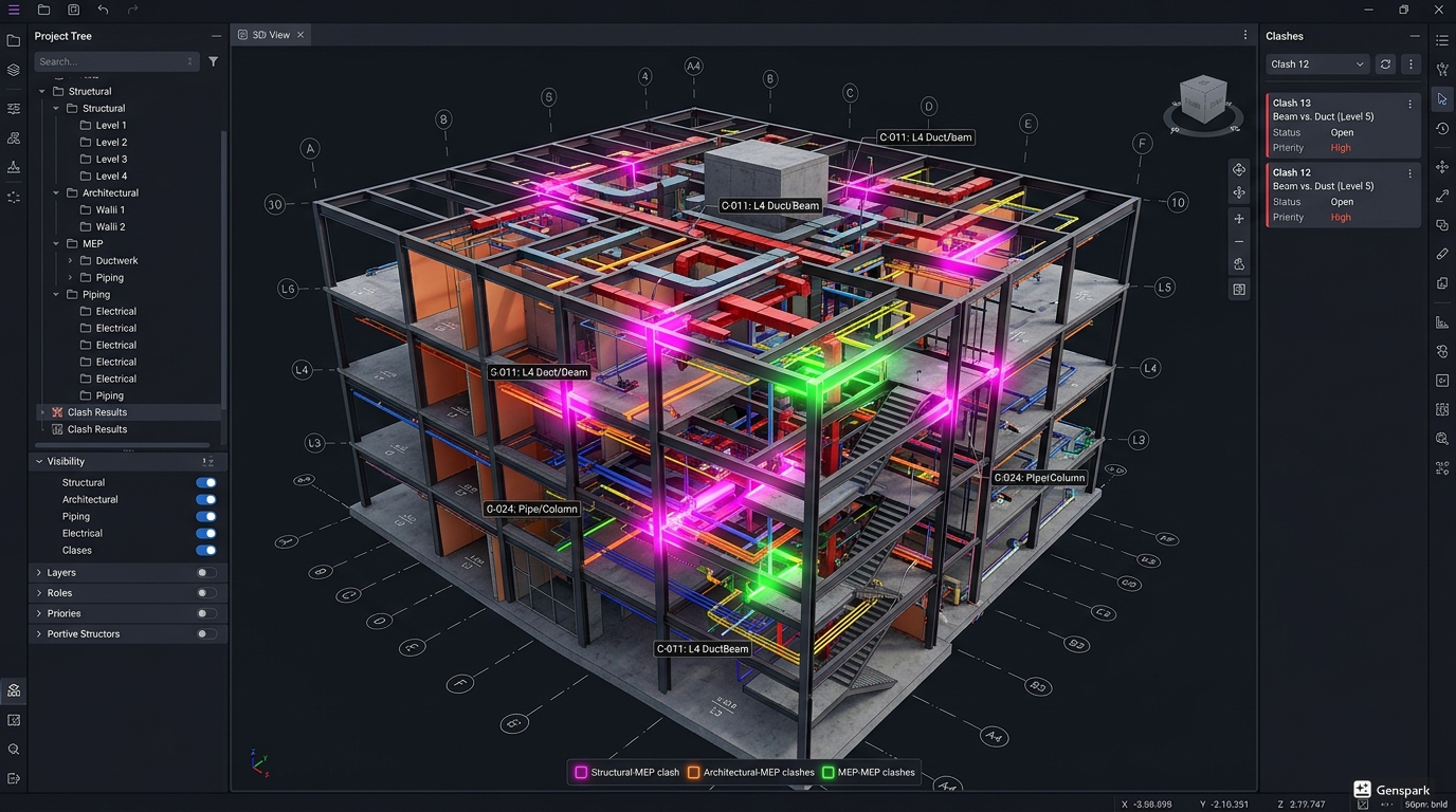 BIM model showing clash detection between building systems.