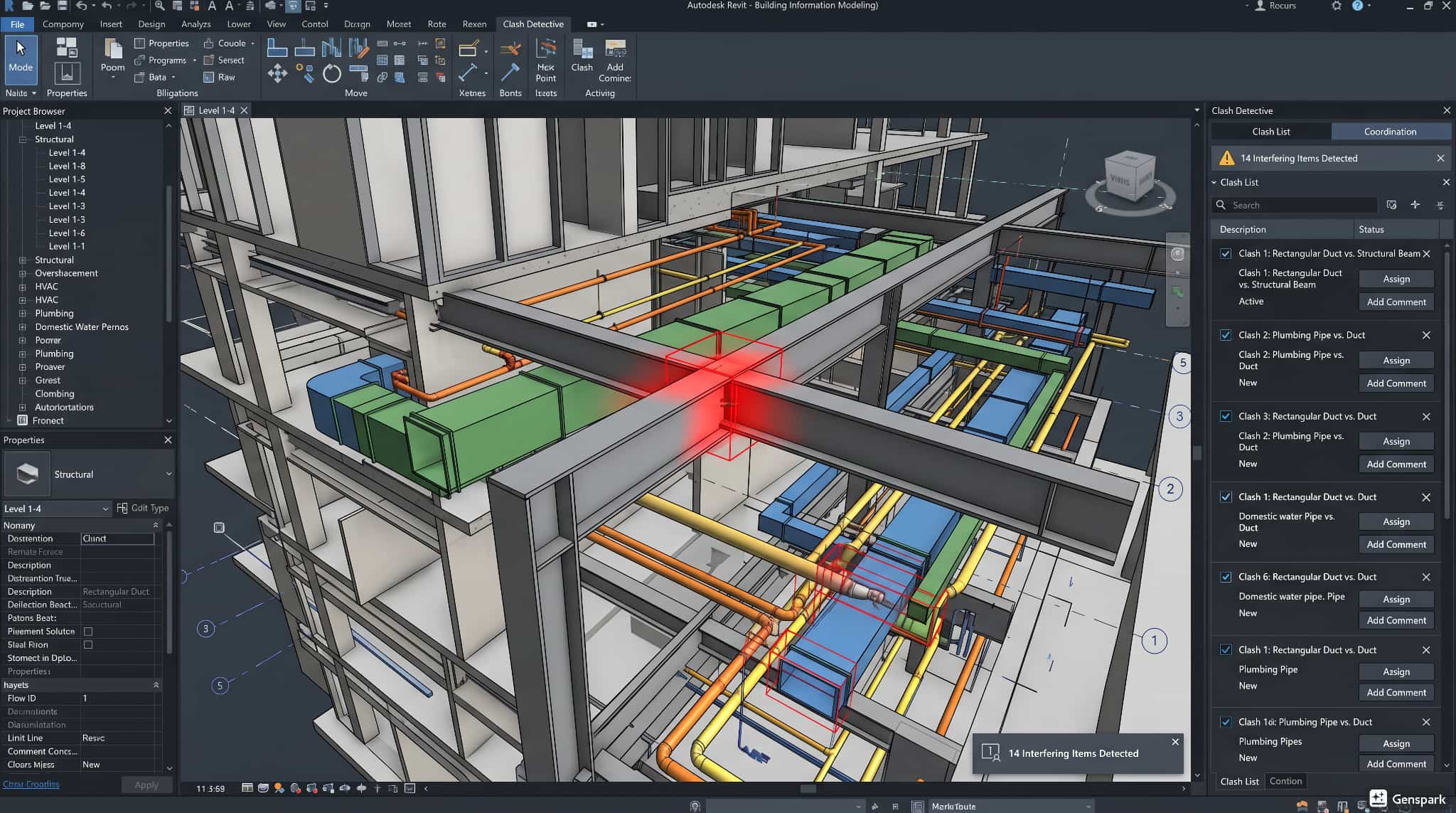 BIM model showing clashes between structural and MEP systems.