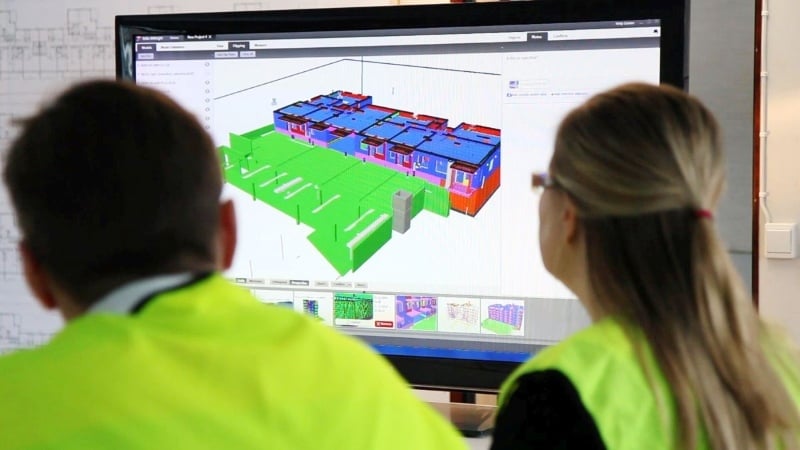 BIM software interface displaying a 3D building model used for construction cost estimation.