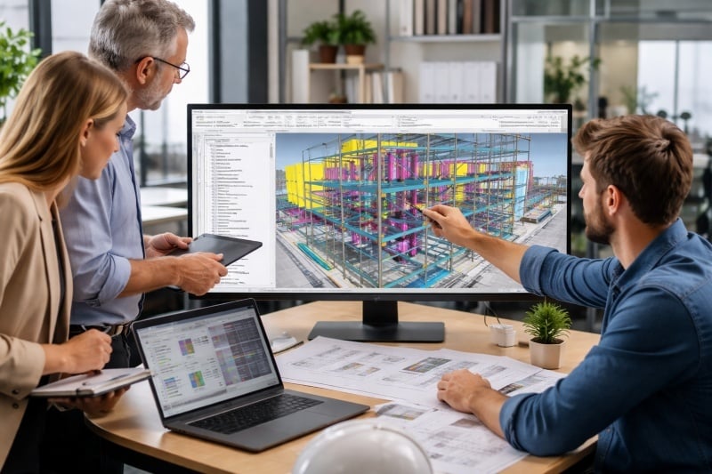 BIM specialist automating workflows on dual screens.