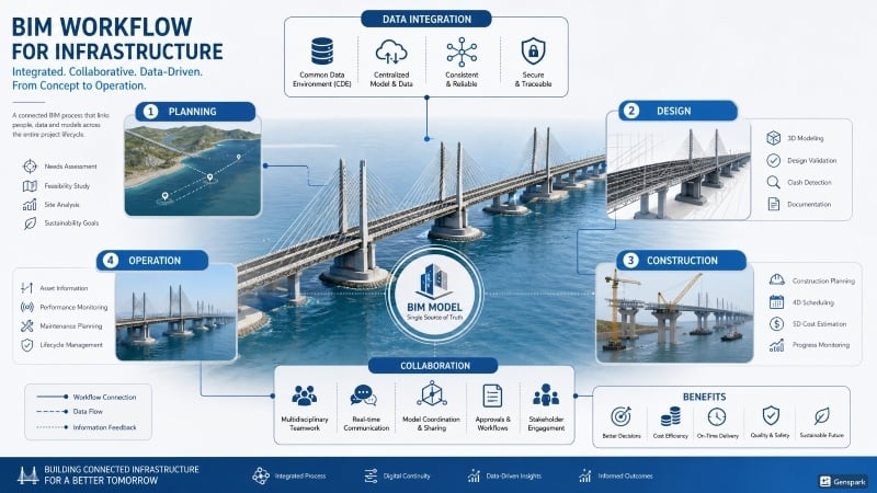 BIM workflow diagram showing planning, design, and construction of sea bridge.