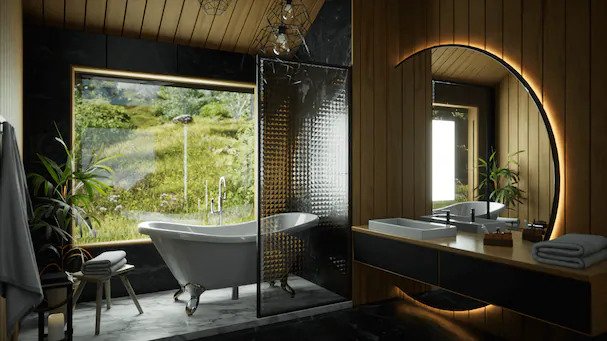 An architectural visualisation of a bathroom with timber panels