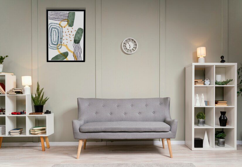 Beautiful interior of a living room using aesthetic shelves, a frame and grey couch