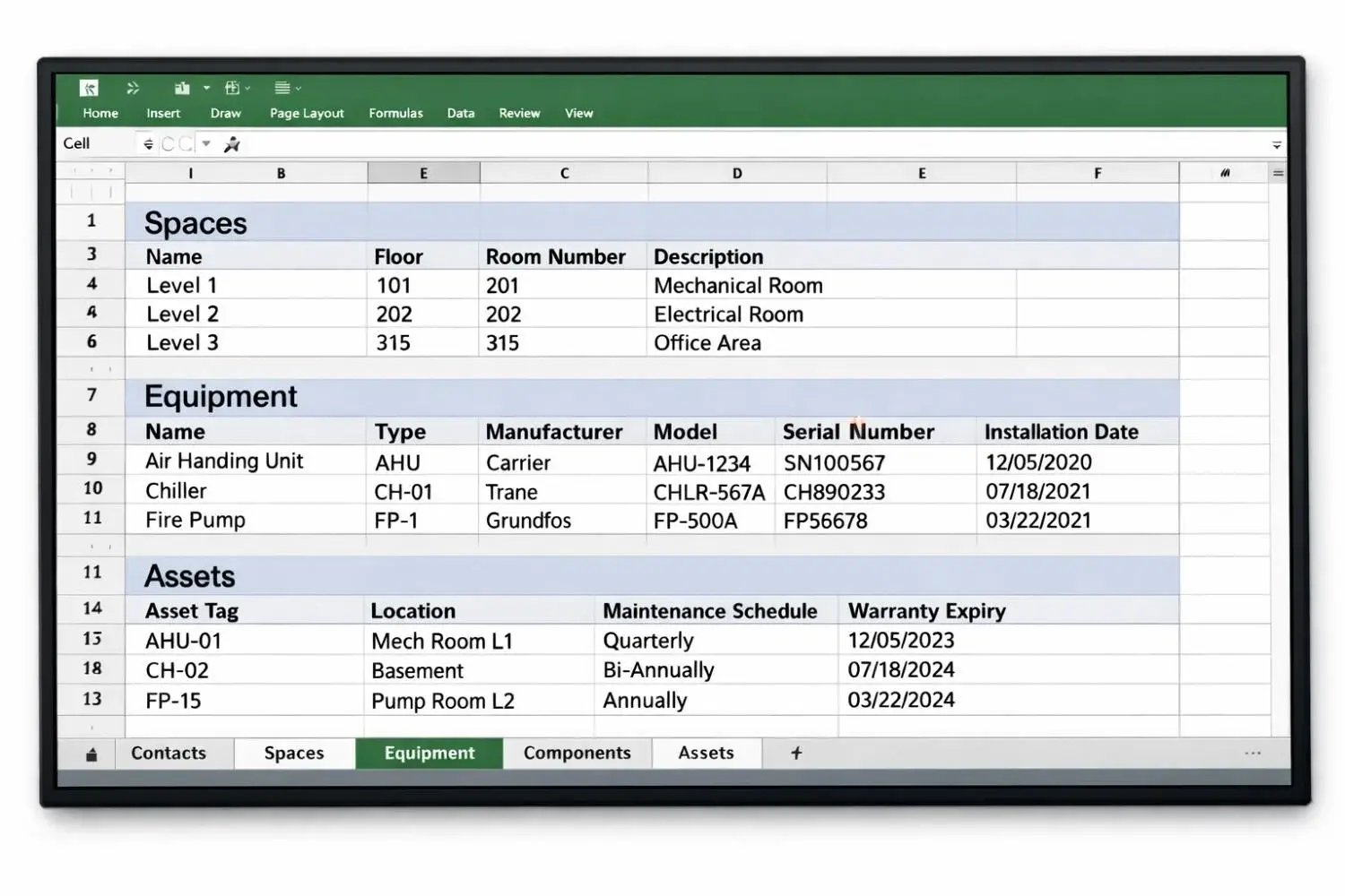 COBie spreadsheet showing MEP asset data.