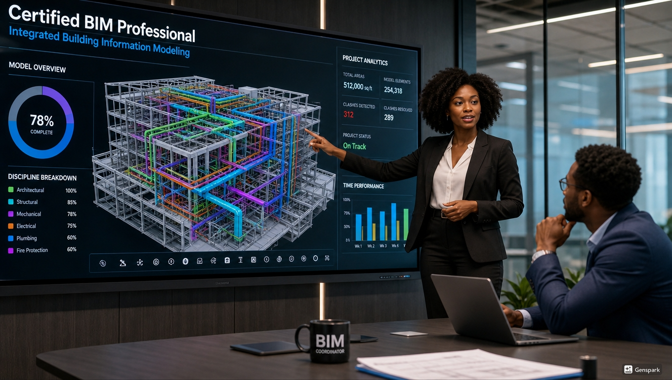 Certified BIM professional presenting a data-driven structural dashboard to colleagues in a conference room.