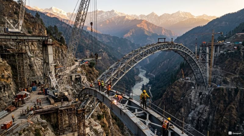 Chenab Bridge construction site in rugged Himalayan terrain with workers and cranes.