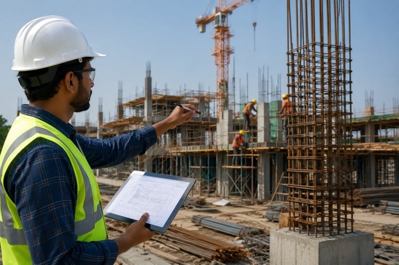 Civil engineer inspecting structural construction work on-site.