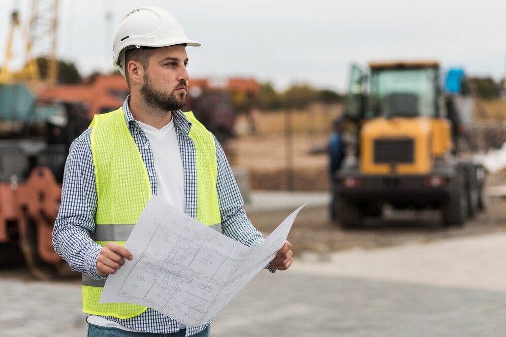 Civil engineer reviewing the blueprint at a construction site