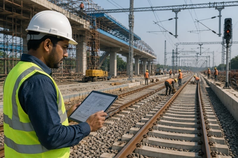 Civil engineer supervising railway infrastructure project work.