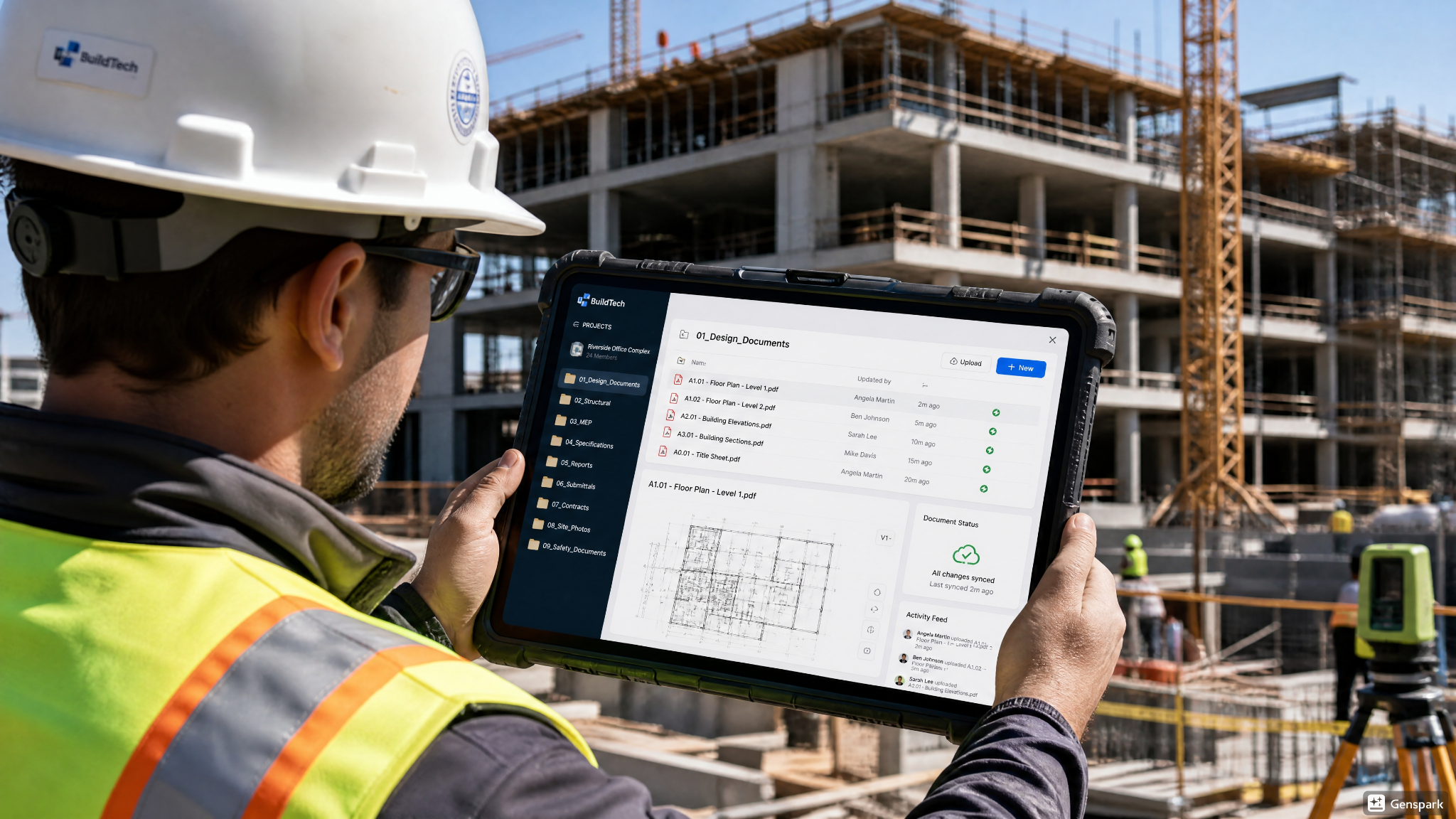 Civil engineer using Autodesk Construction Cloud on a rugged tablet for on-site collaboration.
