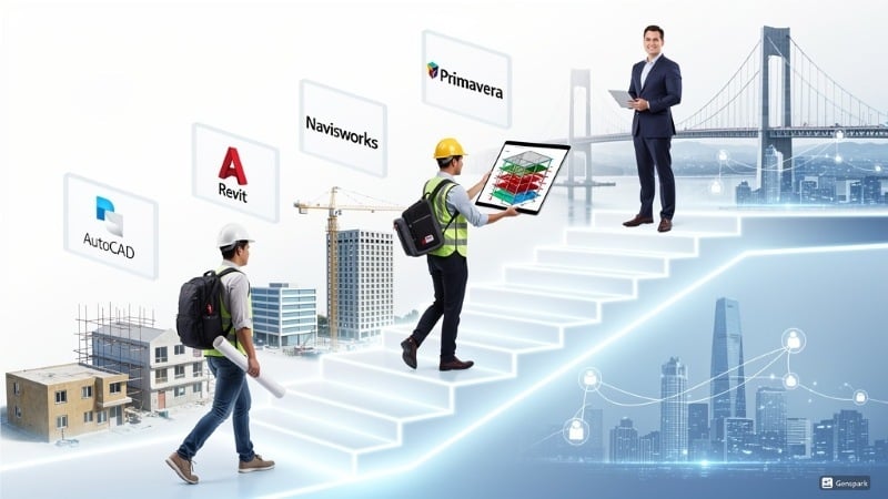 Civil engineering career growth path showing progression from student to BIM engineer with software tools and smart city background.