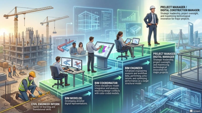 Civil engineering career progression path from intern to BIM and project management roles.