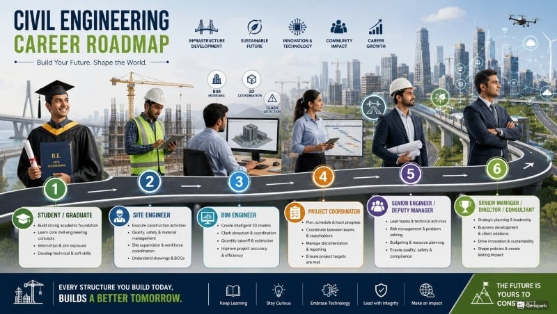 Civil engineering career progression roadmap from student to senior professional role.