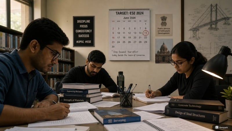 Civil engineering students preparing for UPSC ESE exam in a study environment.