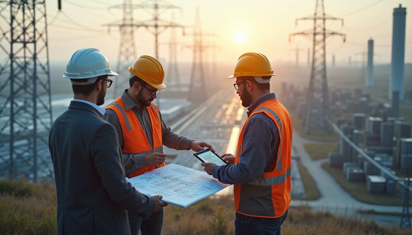Civil engineers analysing construction plans with digital tools.