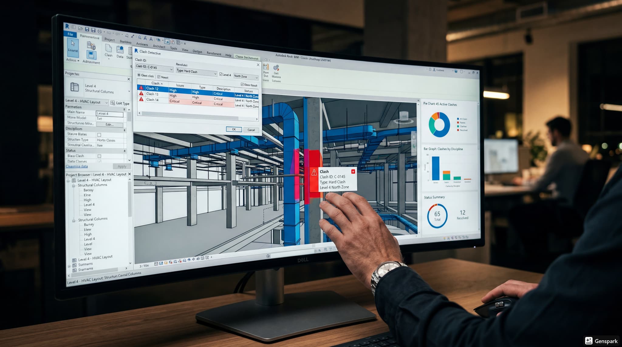 Close-up of a BIM software dashboard showing a clash detection interface.