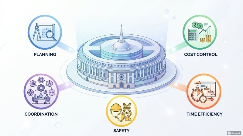 Conceptual BIM illustration showing construction benefits like cost, safety, and planning.