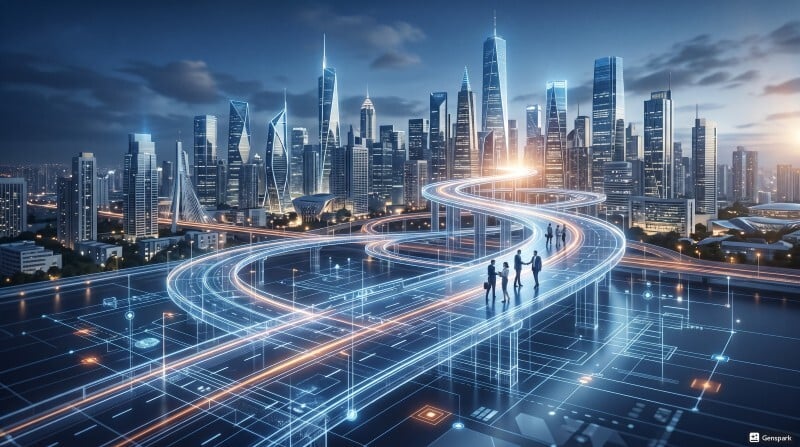 Conceptual graphic showing a 3D digital blueprint pathway leading upward toward a modern city skyline.