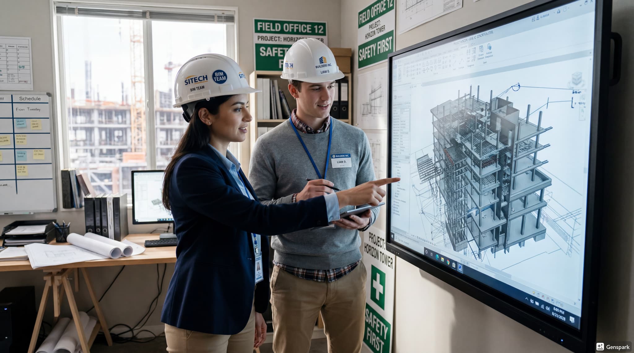 Construction engineers analyzing a 3D building coordination model on a smart screen.