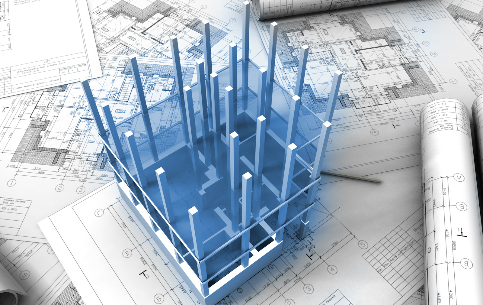 Construction of a building using blueprints 