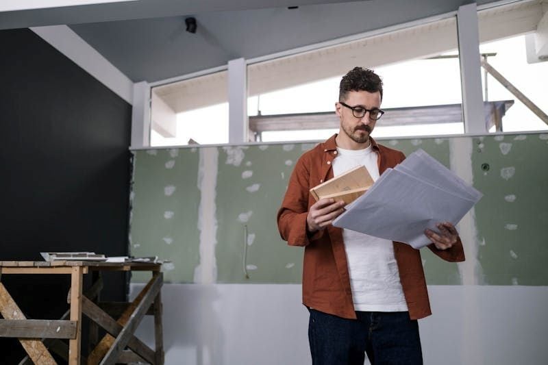Construction site manager reviewing notes and documents