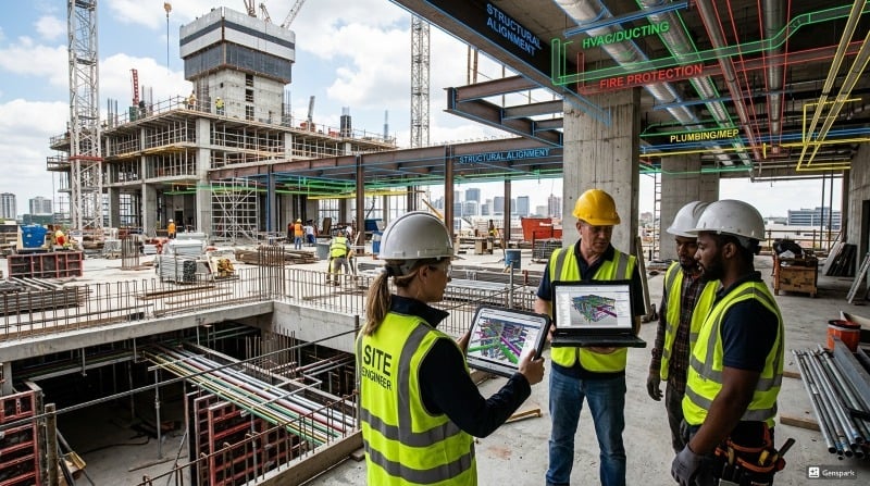 Construction site with BIM coordination using tablets and digital models.