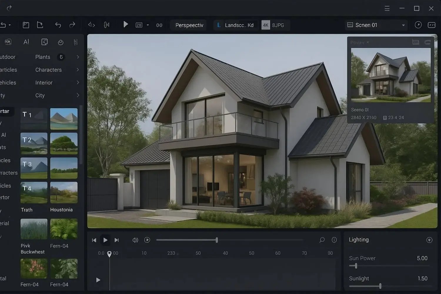 D5 Render workflow interface with house model.