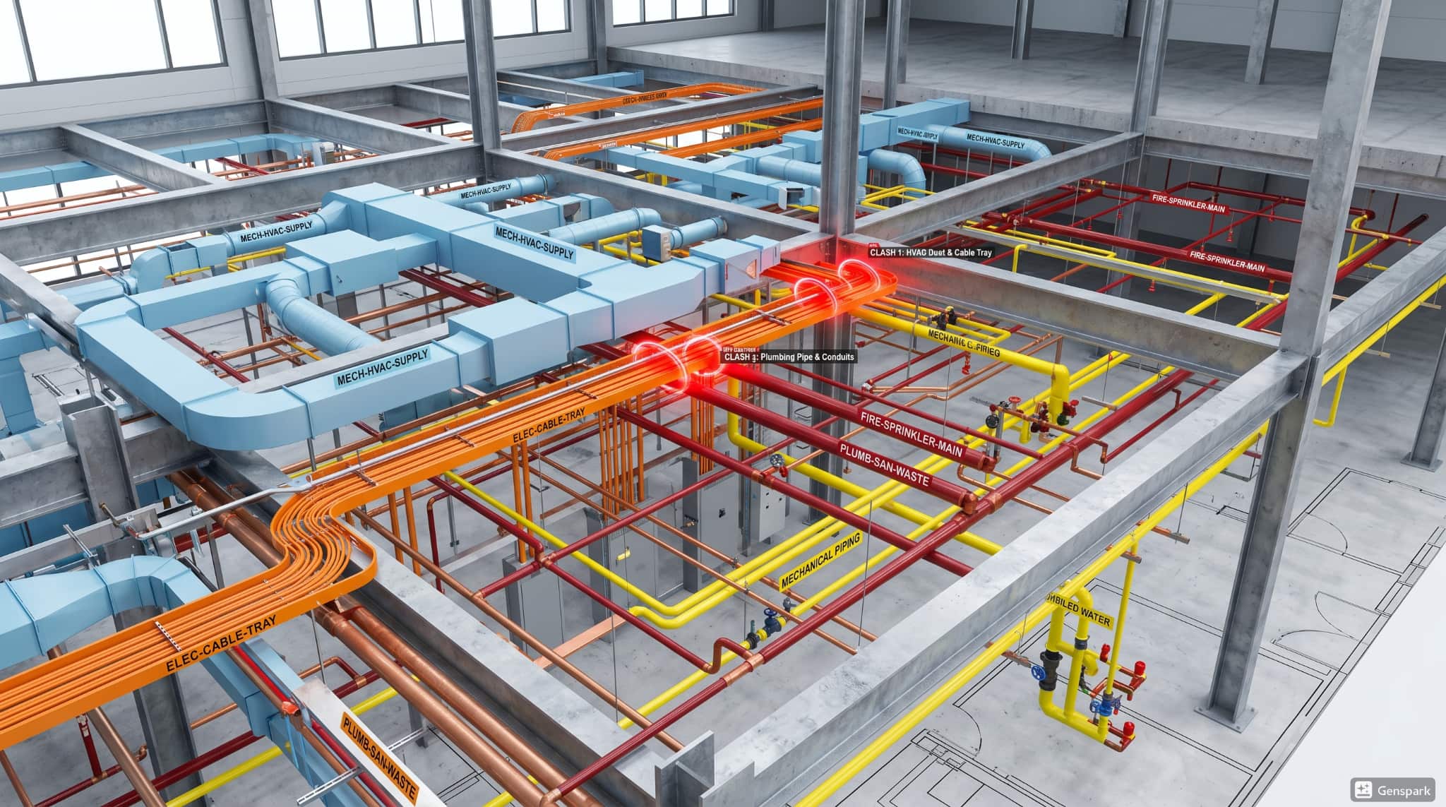 Detailed BIM MEP model design on screen.