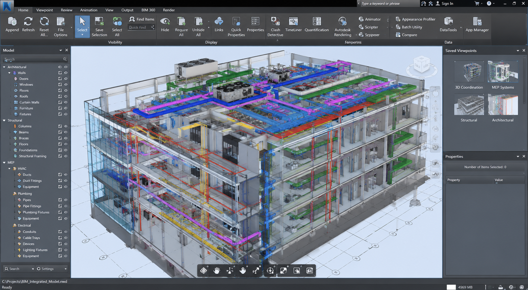 Detailed BIM model displaying architectural, structural, and MEP systems.