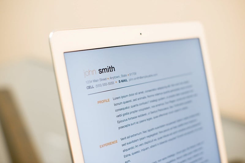 Digital resume on tablet screen