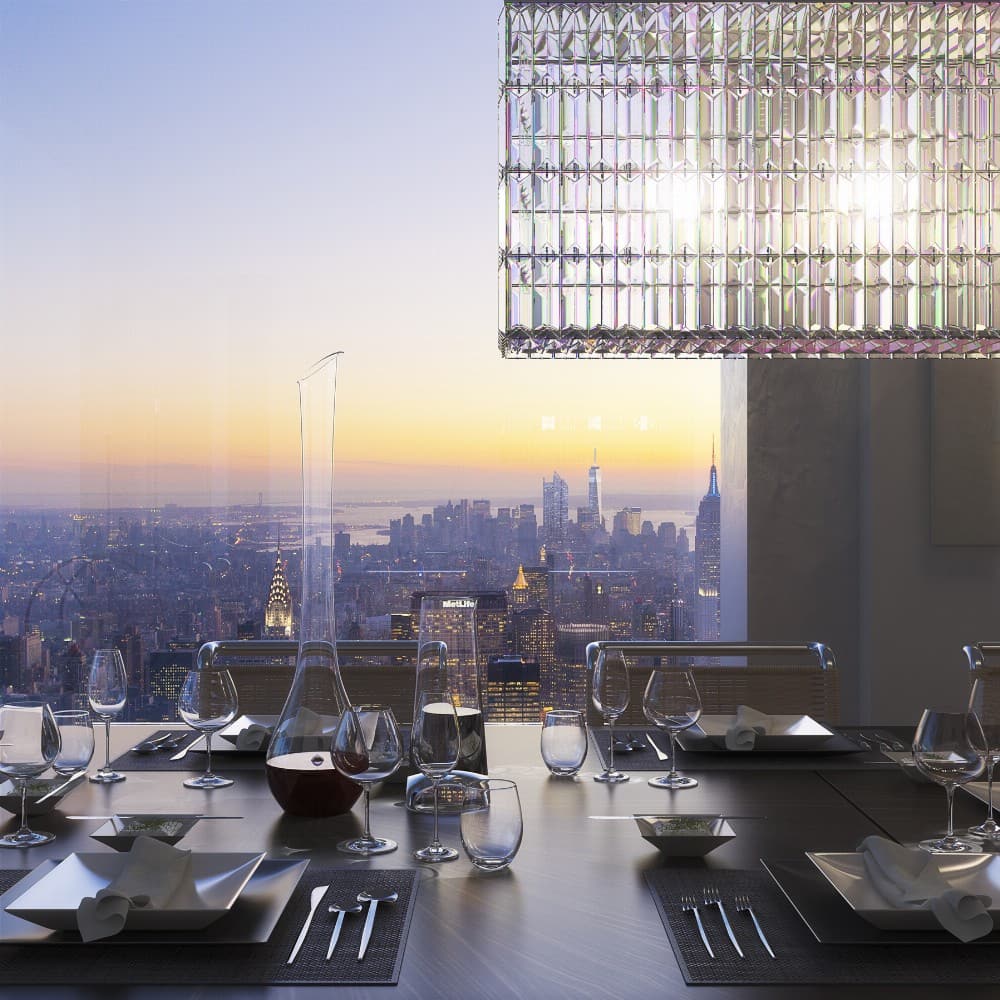 a photorealistic rendering of a dining table with the New York skyline seen through the window