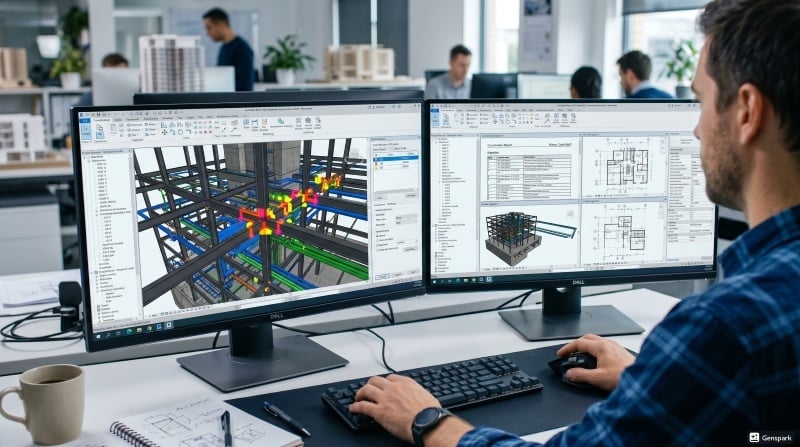 Dual monitor setup displaying automated clash detection on a complex structural model.