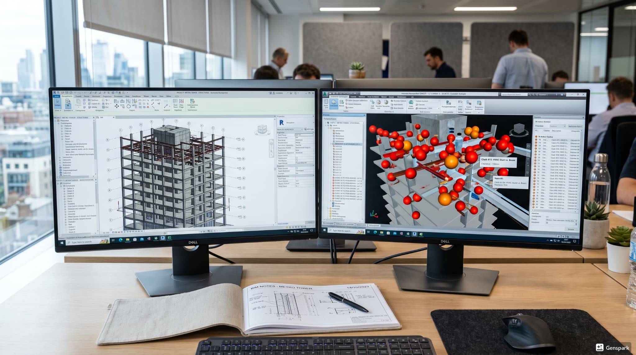 Dual monitors displaying a Revit structural model and a Navisworks clash-detection workspace