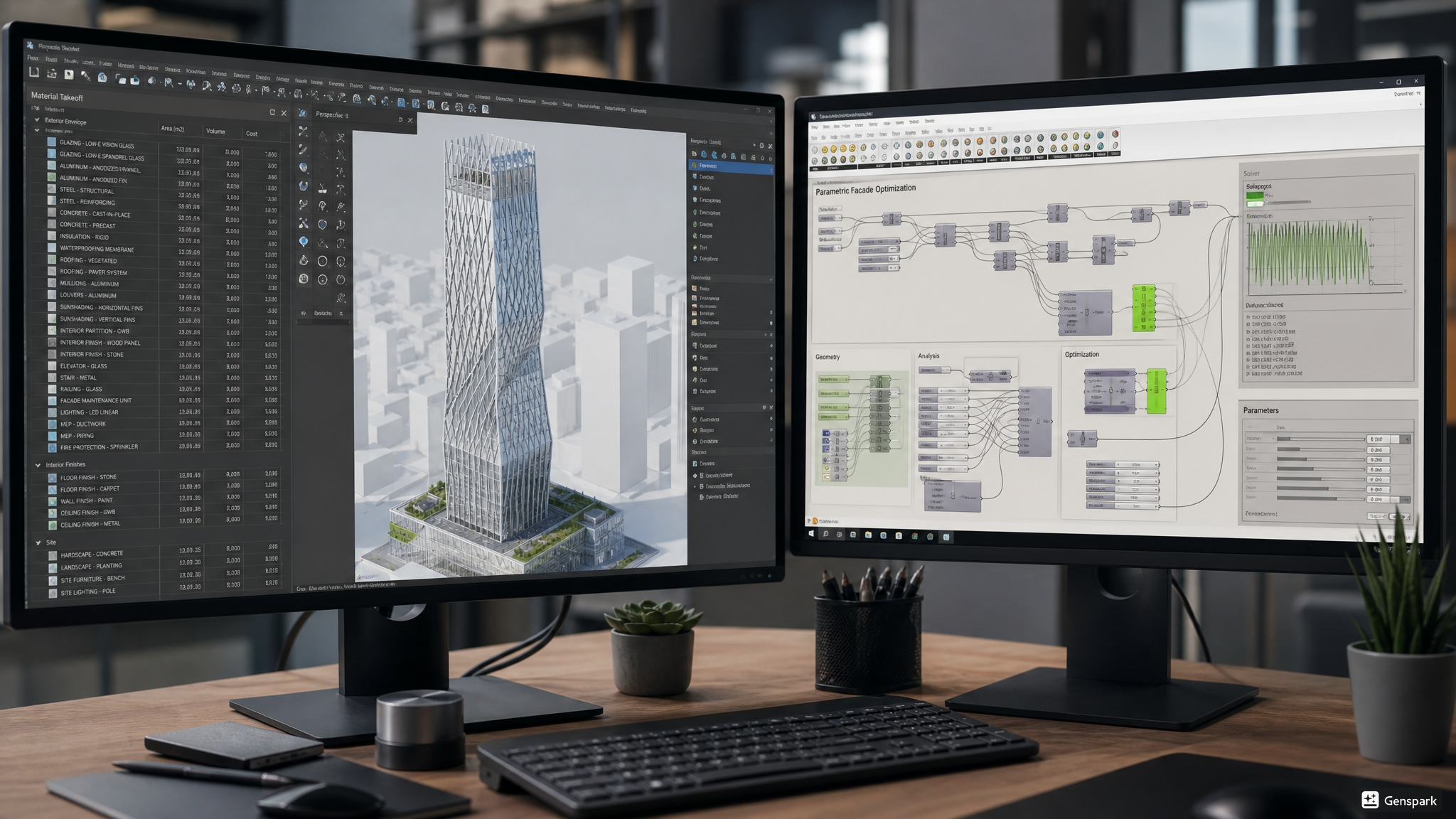 Dual-monitor workstation displaying a 3D skyscraper model next to a visual programming script.
