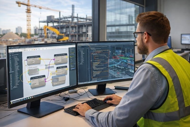 Engineer automating BIM workflows with dual monitors.