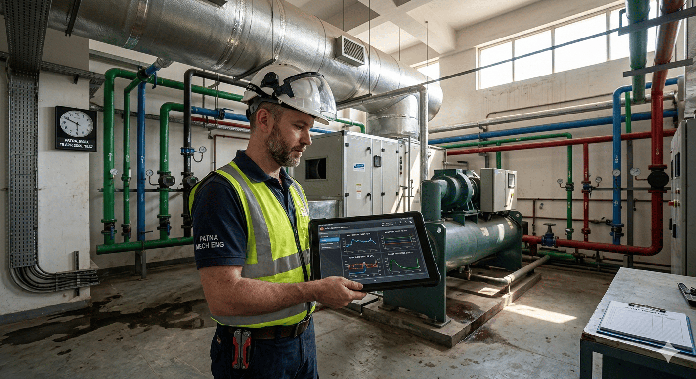 Engineer checking HVAC system data