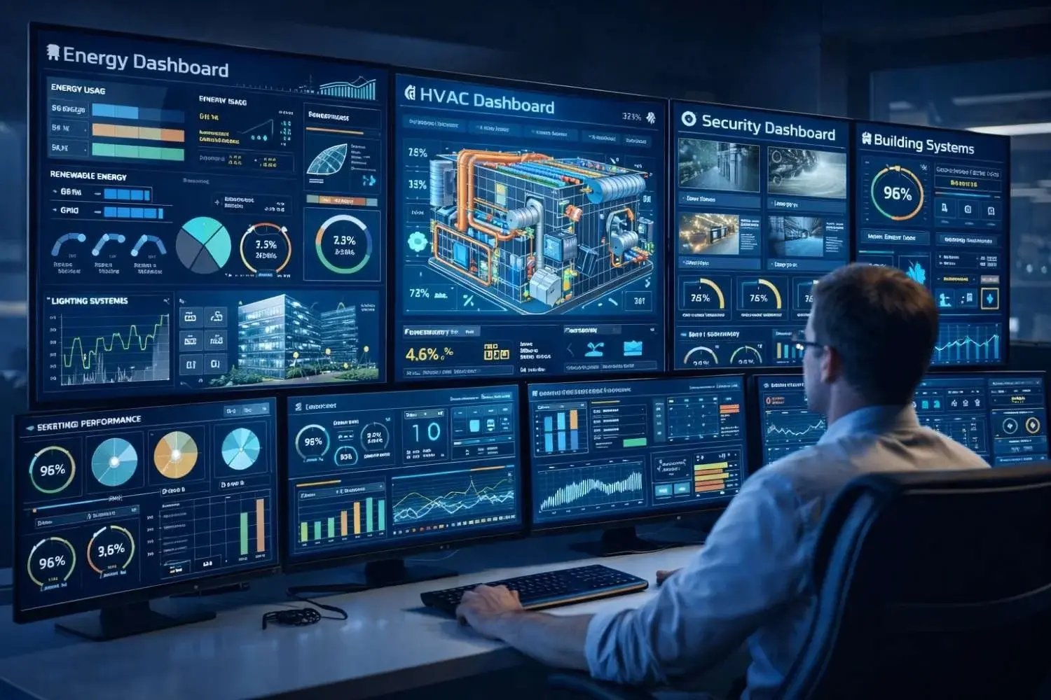 Engineer monitoring smart building MEP control dashboards.