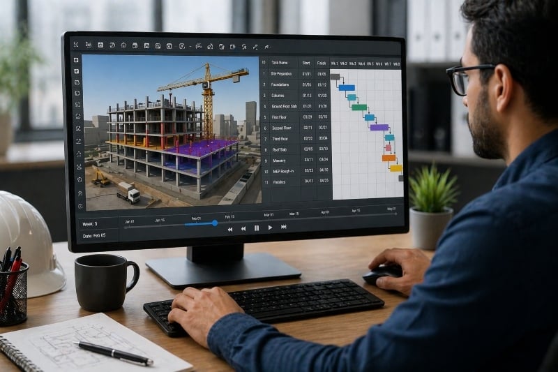 Engineer reviewing 4D BIM scheduling model.
