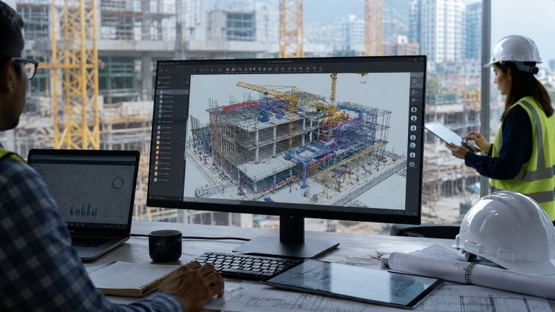 Engineer reviewing BIM model on digital tablet.