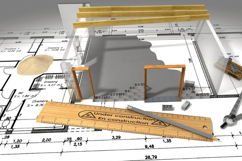 Engineering design model with construction planning layout.