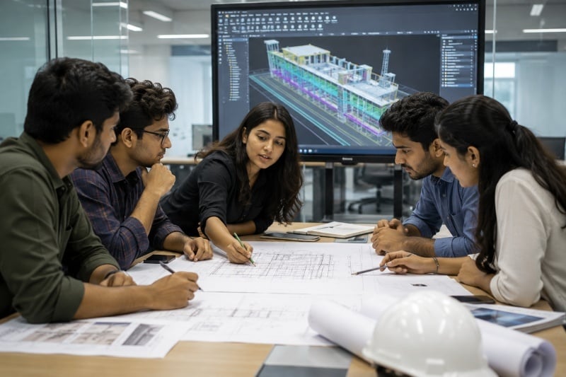 Engineering graduates reviewing BIM project workflows during training.