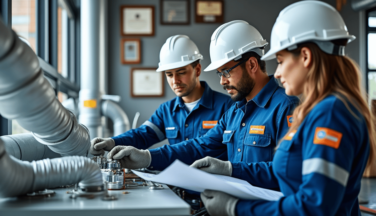 Engineering team checking system details during site inspection.
