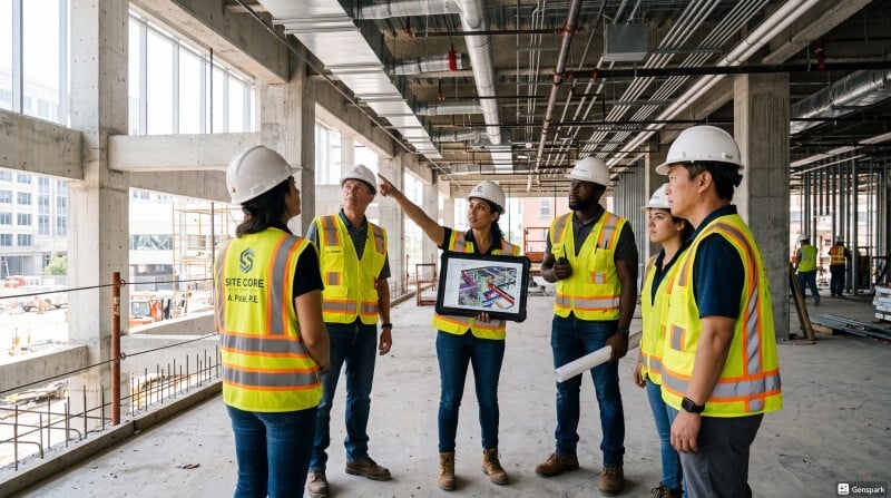 Engineering team on a construction site using a digital tablet to review live 3D coordination layouts.