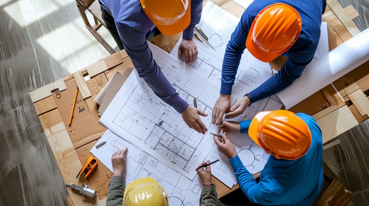 Engineers discussing the plan of the building