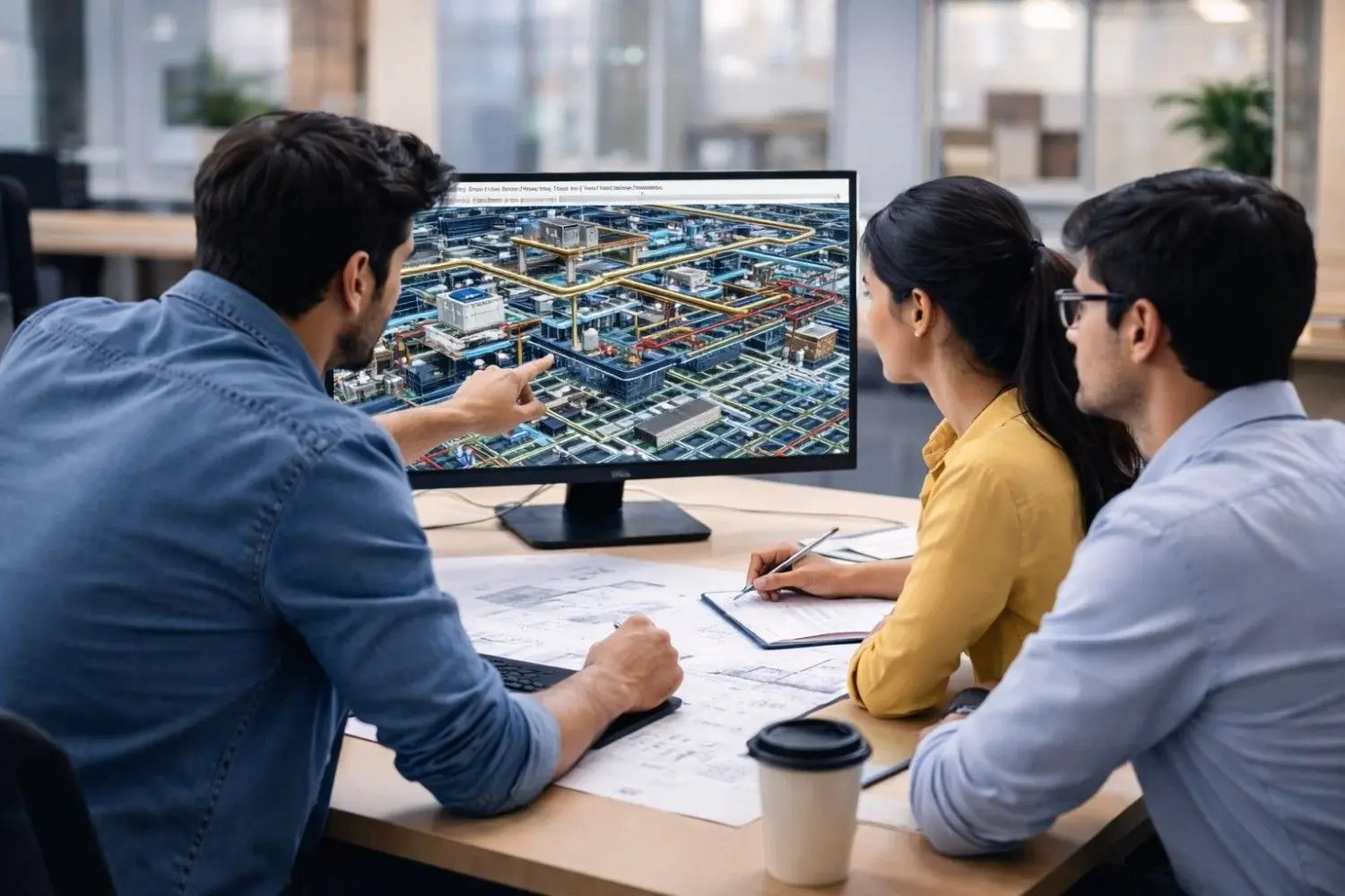Engineers reviewing BIM MEP systems model on screen.