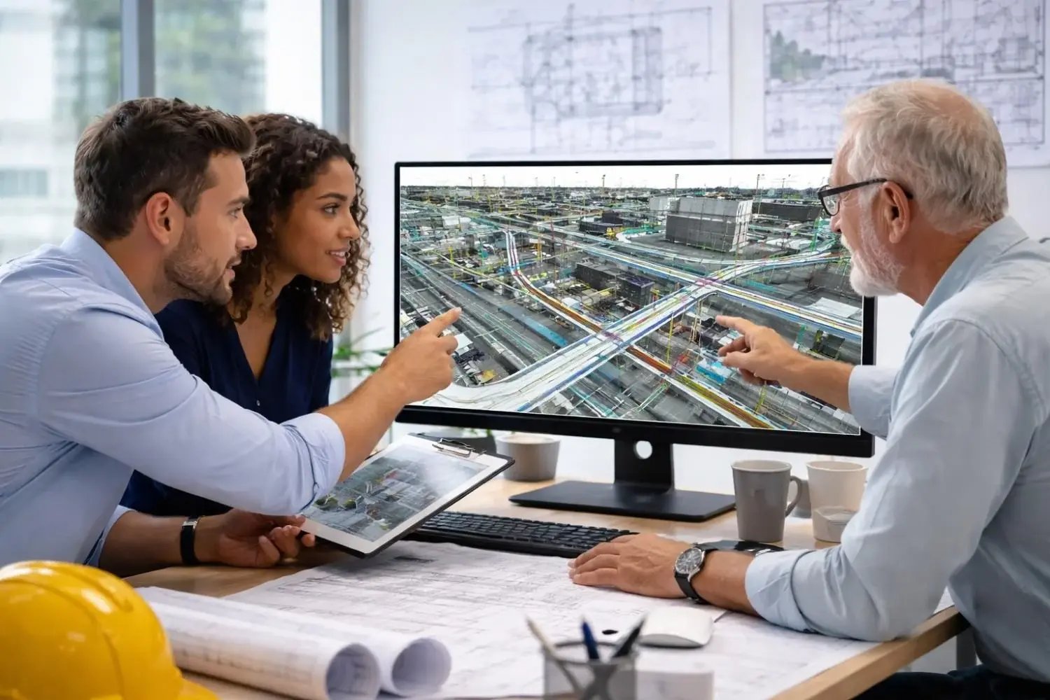 Engineers reviewing BIM infrastructure model for the project.